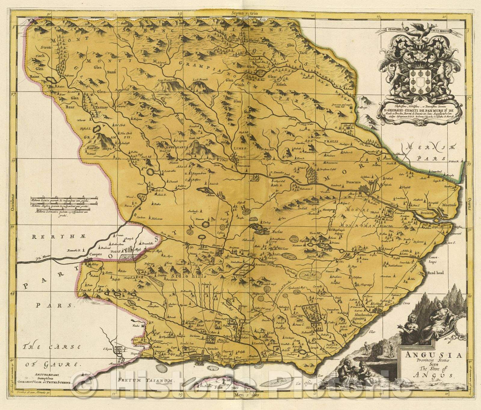 Historic Map : Angusia provincia Scotiae sive The Shire of Angus., c. 1708 , Vintage Wall Art