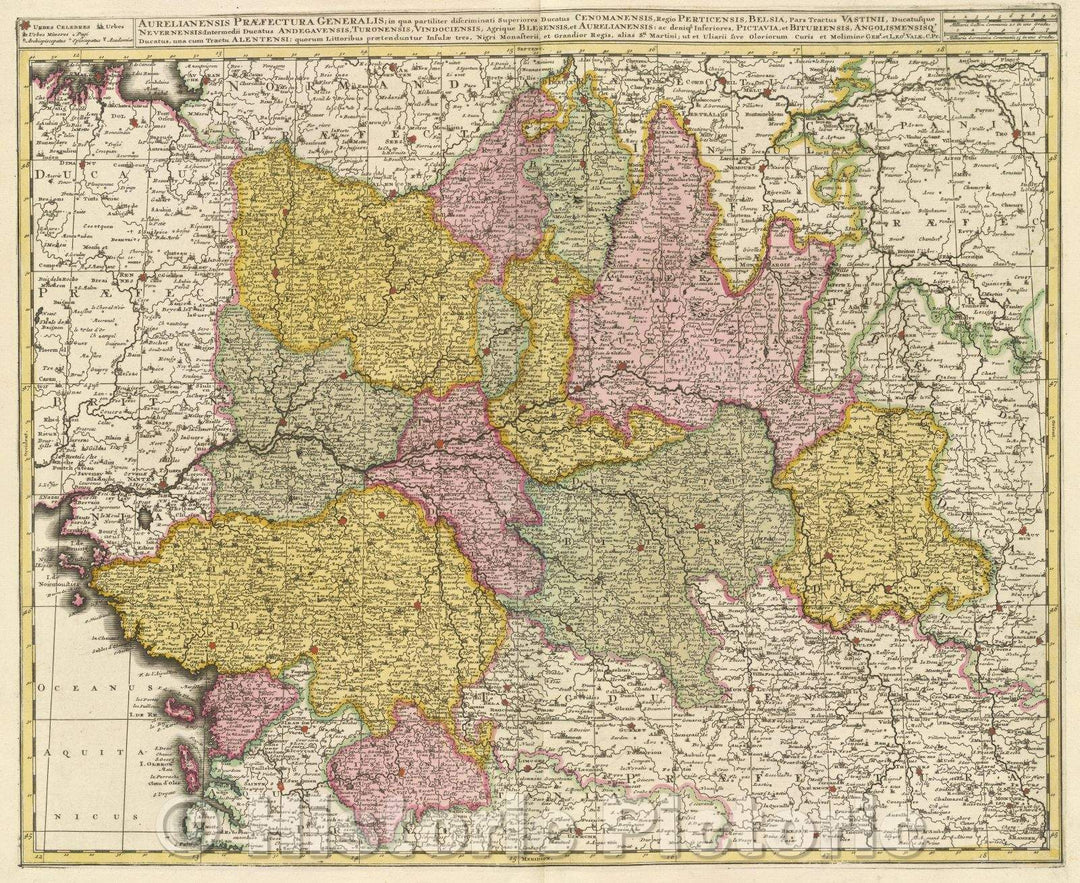 Historic Map : Aurelianensis praefectura generalis; in qua partiliter discriminati superiores Ducatus Cenomanensis, Regio Perticensis, Belsia, c. 1708 , Vintage Wall Art
