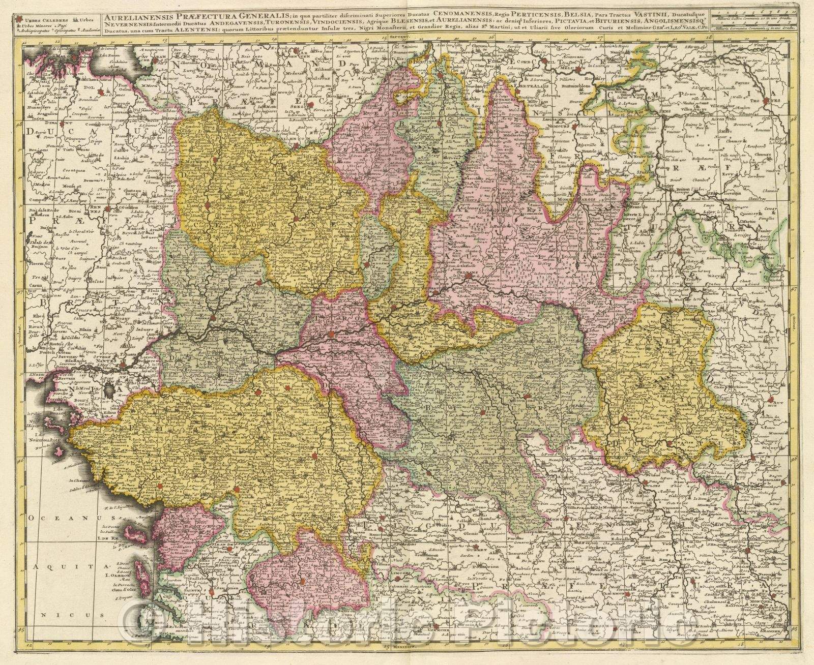 Historic Map : Aurelianensis praefectura generalis; in qua partiliter discriminati superiores Ducatus Cenomanensis, Regio Perticensis, Belsia, c. 1708 , Vintage Wall Art