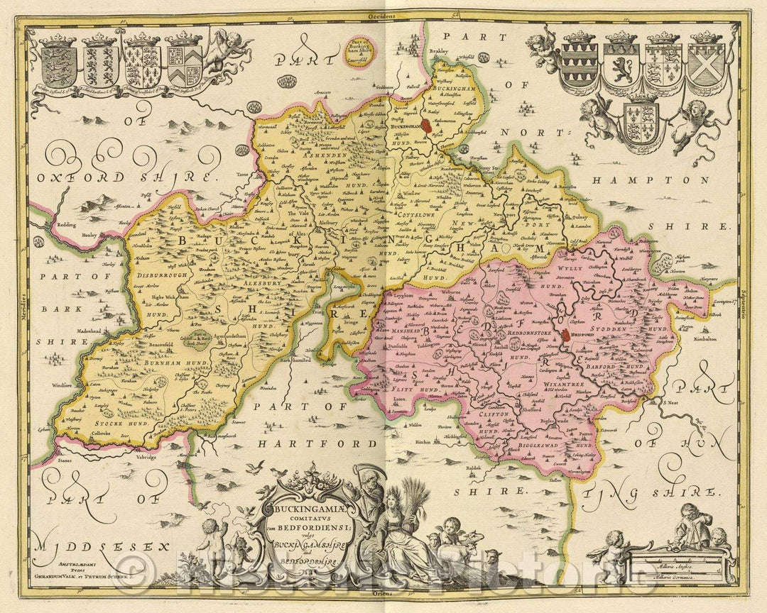 Historic Map : Buckingamiae Comitatus cum Bedfordiensi; vulgo Buckingamshire and Bedfordshire., c. 1708 , Vintage Wall Art