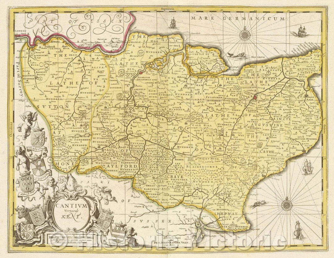 Historic Map : Cantium vernacula Kent., c. 1708 , Vintage Wall Art