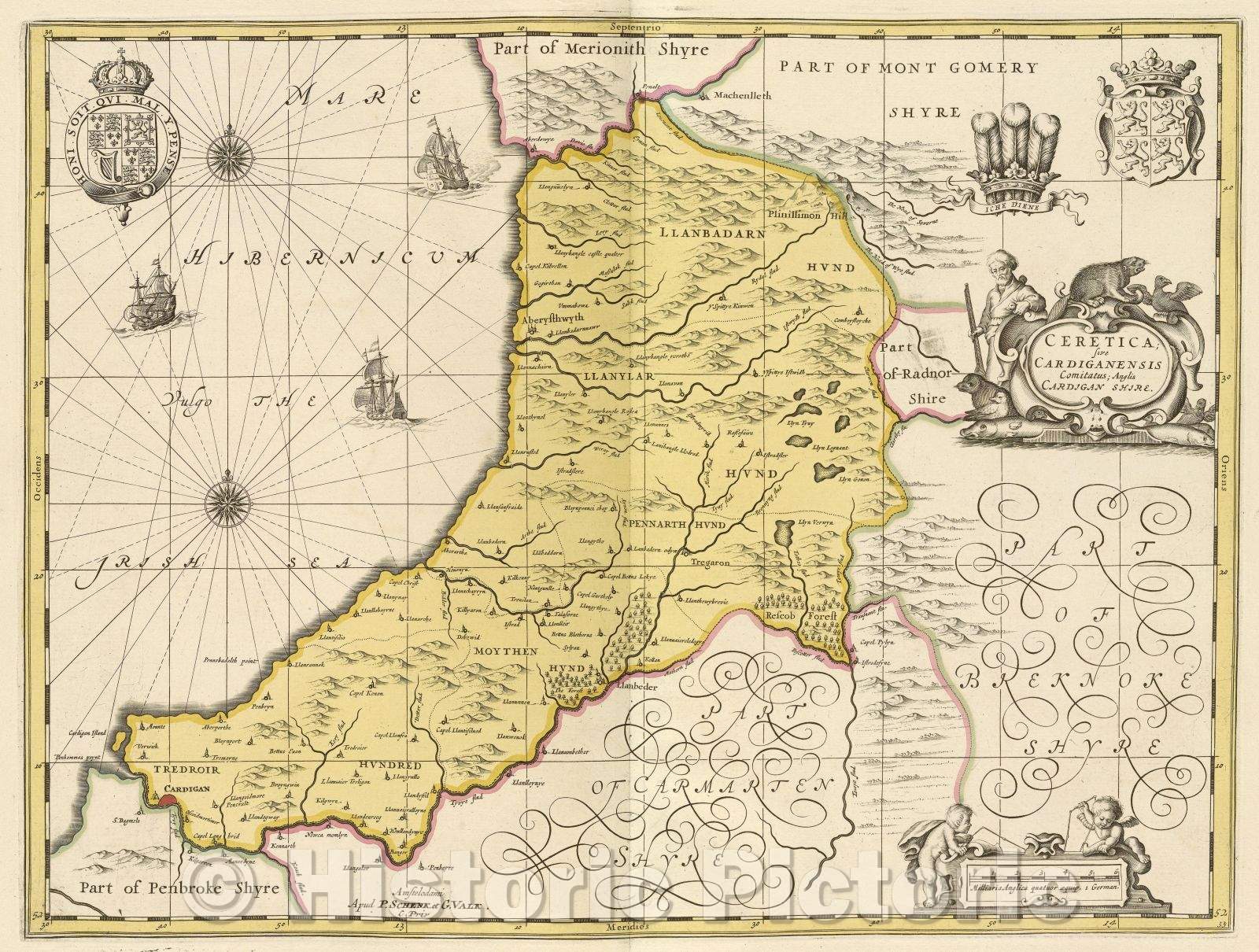 Historic Map : Ceretica; sive Cardiganensis Comitatus; Anglis Cardigan shire., c. 1708 , Vintage Wall Art