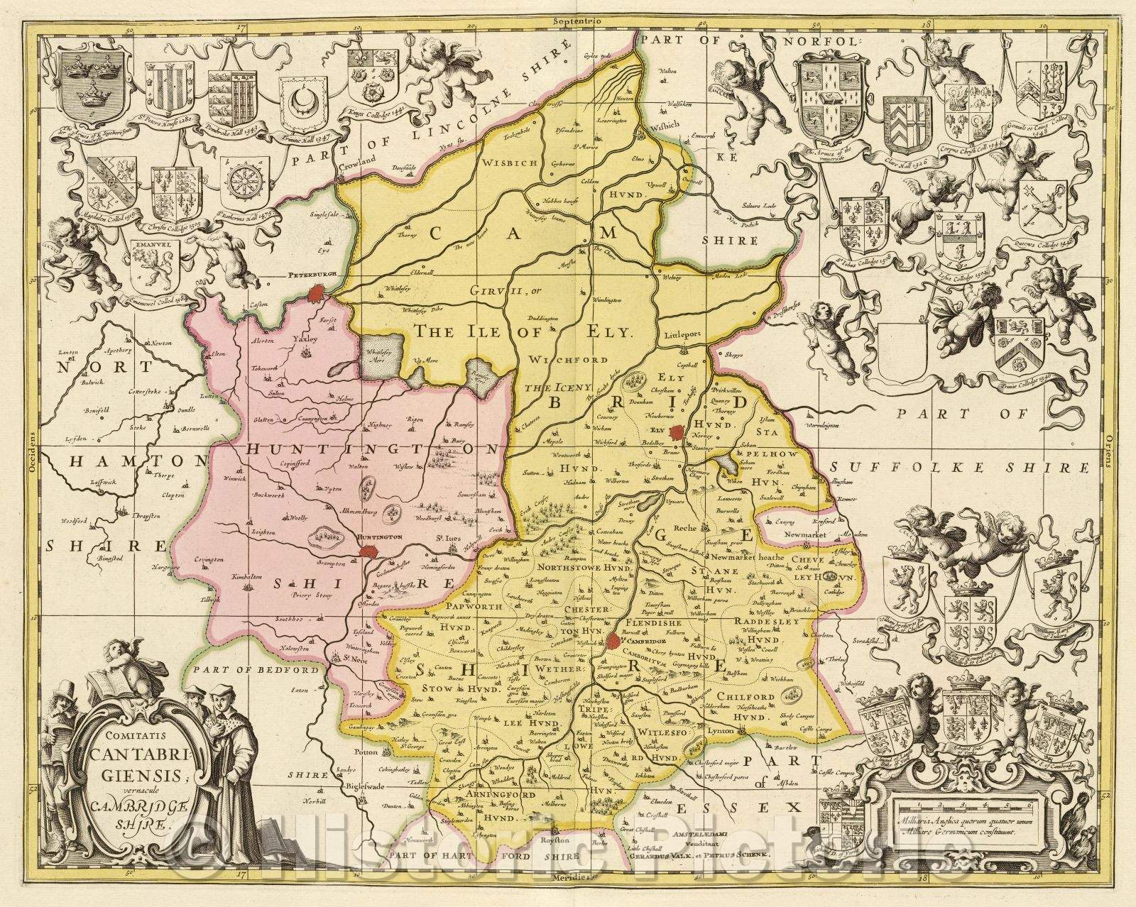 Historic Map : Comitatus Cantabrigiensis; vernacule Cambridgeshire., c. 1708 , Vintage Wall Art