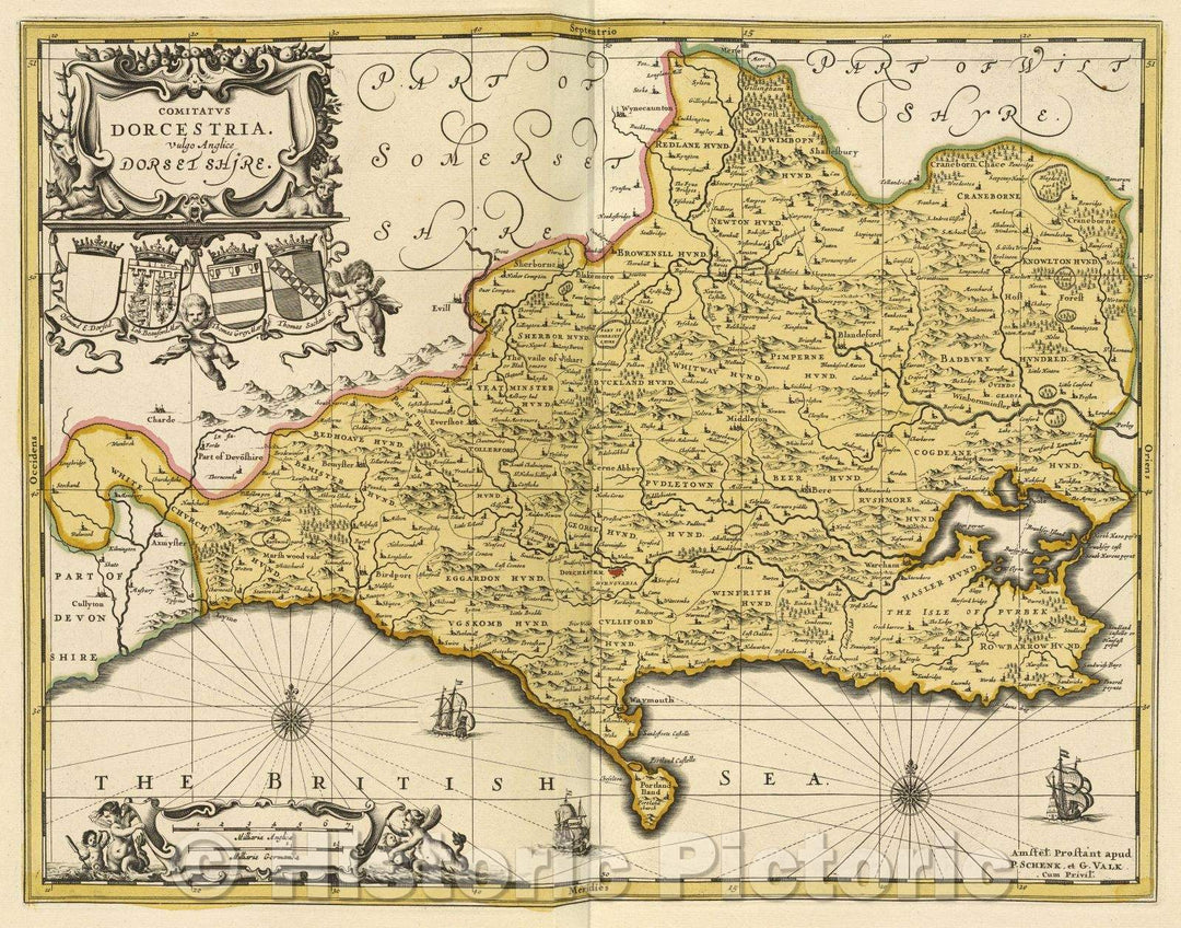 Historic Map : Comitatus Dorcestria. Vulgo Anglice Dorset Shire., c. 1708 , Vintage Wall Art