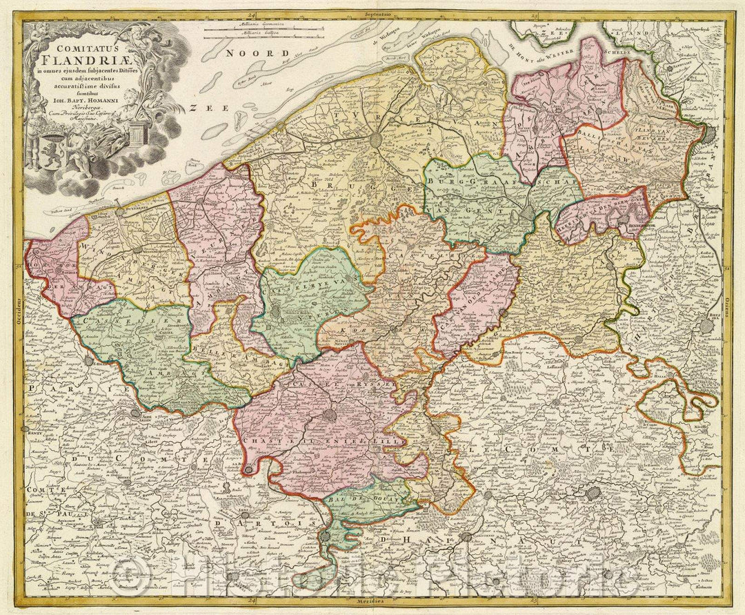 Historic Map : Comitatus Flandriae in omnes ejusdem subjacentes Ditioes cum adjacentibus accuratissime divisus sumtibus..., c. 1708 , Vintage Wall Art