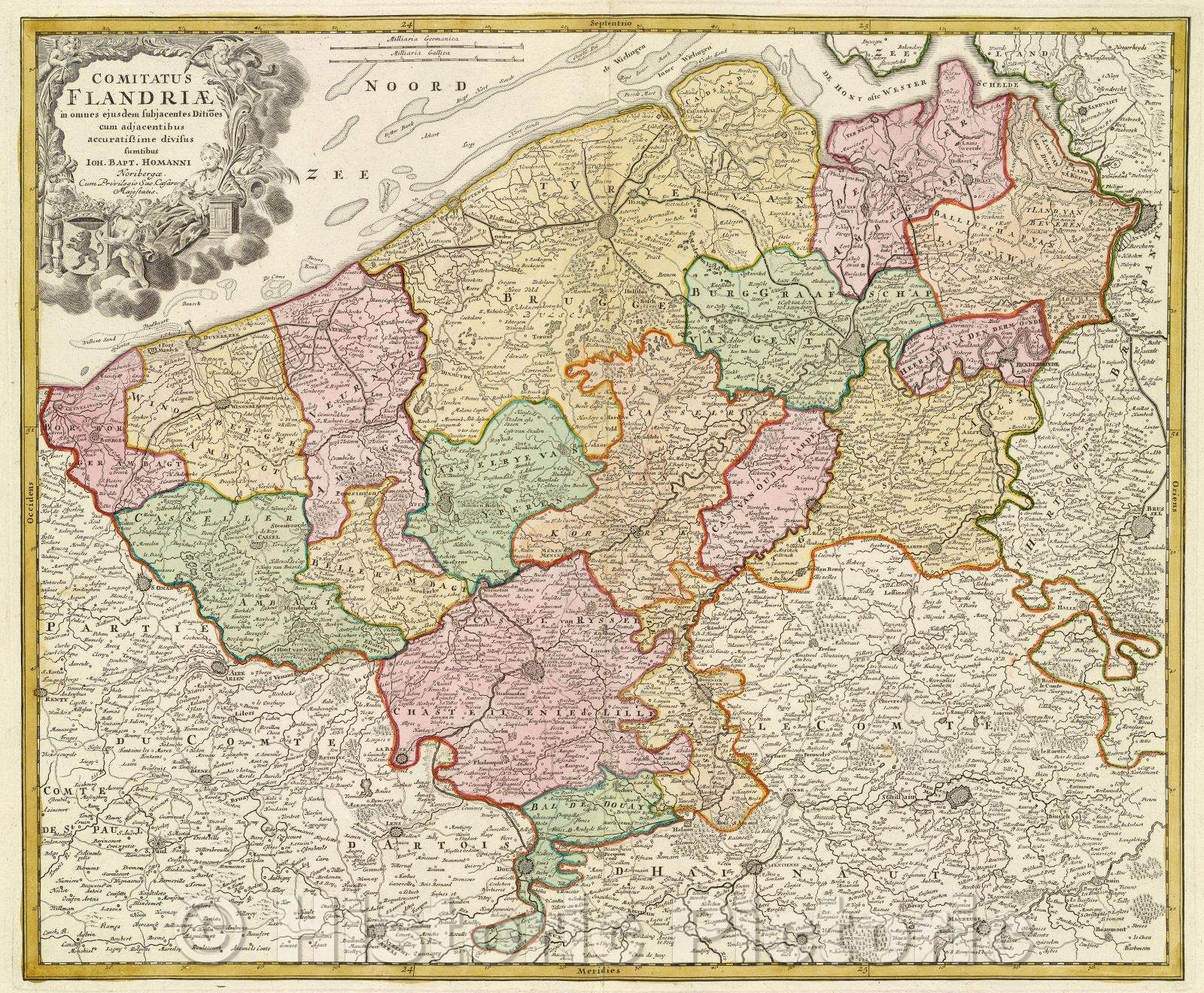 Historic Map : Comitatus Flandriae in omnes ejusdem subjacentes Ditioes cum adjacentibus accuratissime divisus sumtibus..., c. 1708 , Vintage Wall Art