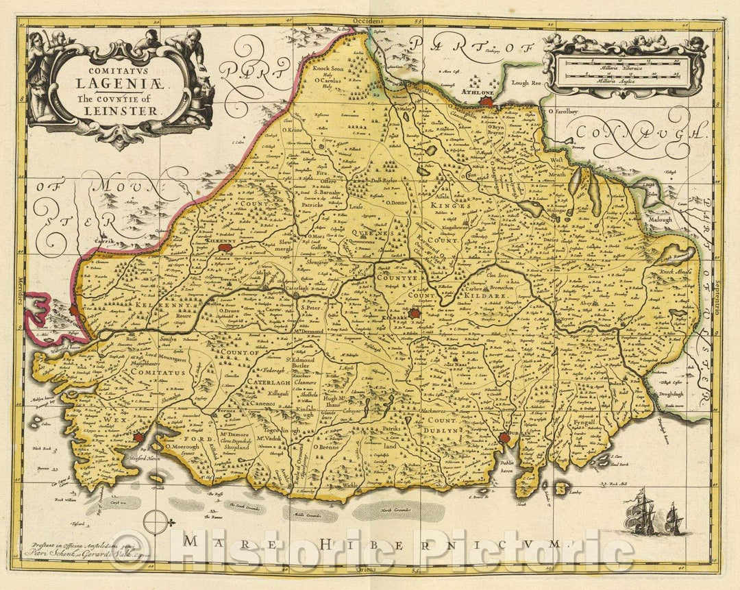 Historic Map : Comitatus Lageniae. The countie of Leinster., c. 1708 , Vintage Wall Art