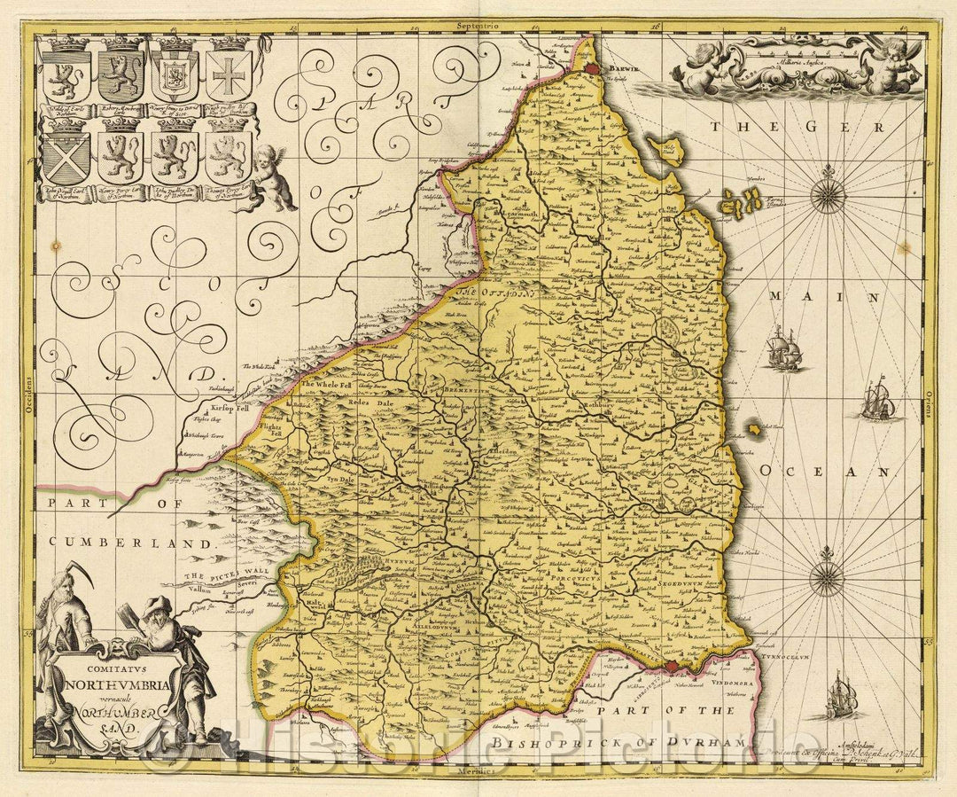 Historic Map : Comitatus Northumbria vernacule Northumberland., c. 1708 , Vintage Wall Art