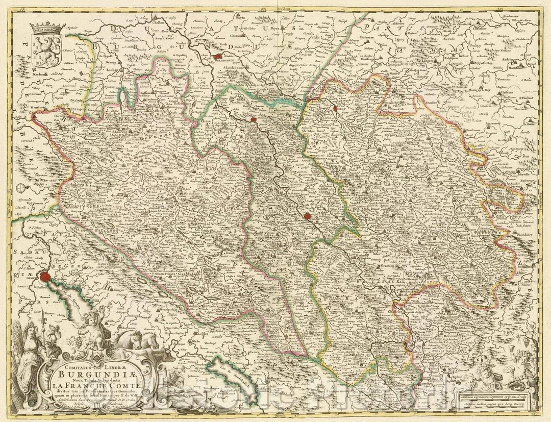 Historic Map : Comitatus sive liberae Burgundiae nova tabula, vulgo dicta la Franche comte, divitur tam in praefecturas tres generales, c. 1708 , Vintage Wall Art
