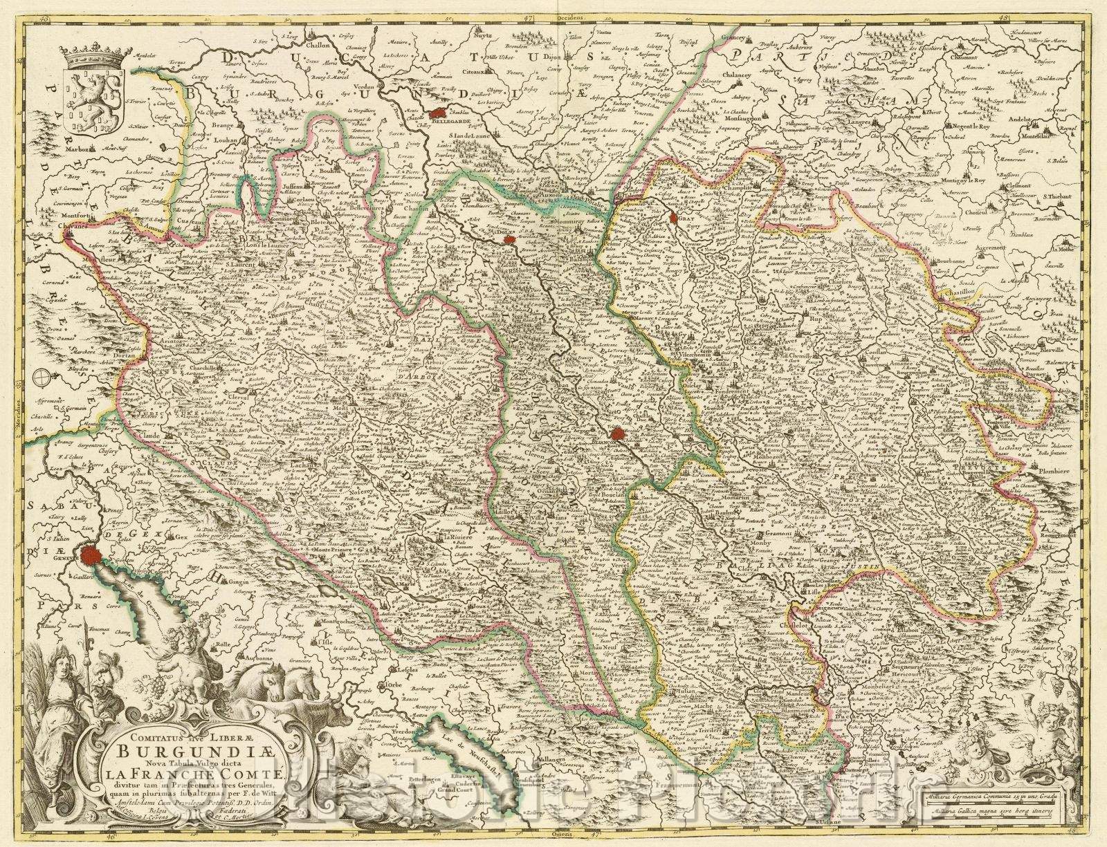 Historic Map : Comitatus sive liberae Burgundiae nova tabula, vulgo dicta la Franche comte, divitur tam in praefecturas tres generales, c. 1708 , Vintage Wall Art