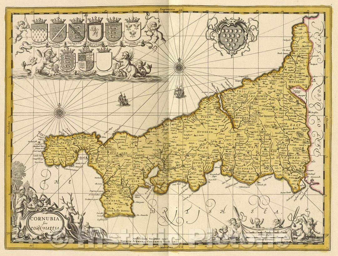 Historic Map : Cornubia. sive Cornwallia., c. 1708 , Vintage Wall Art
