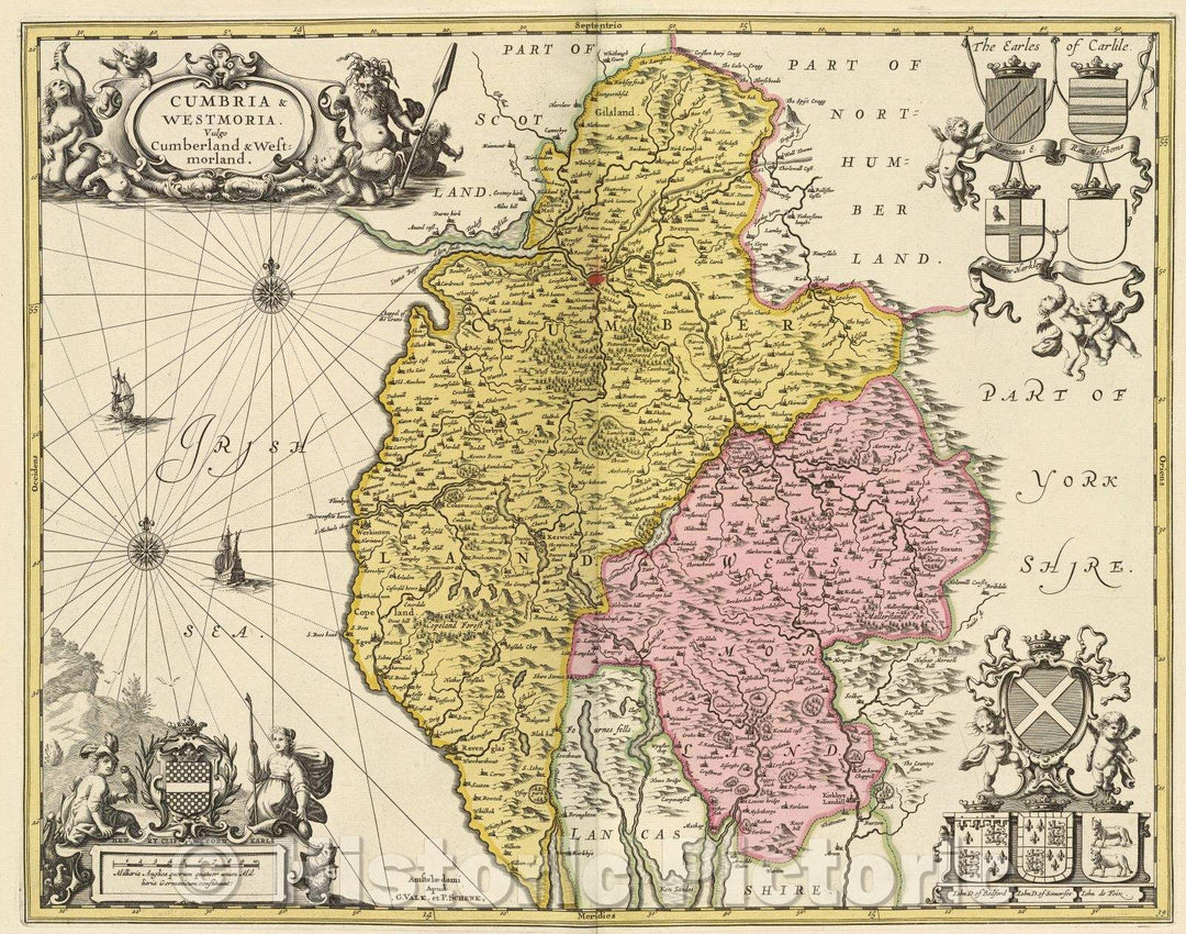 Historic Map : Cumbria and Westmoria vulgo Cumberland and Westmorland., c. 1708 , Vintage Wall Art