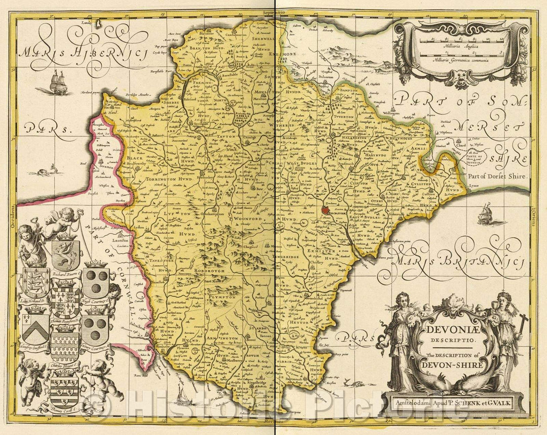 Historic Map : Devoniae Descriptio. The description of Devon-shire, c. 1708 , Vintage Wall Art