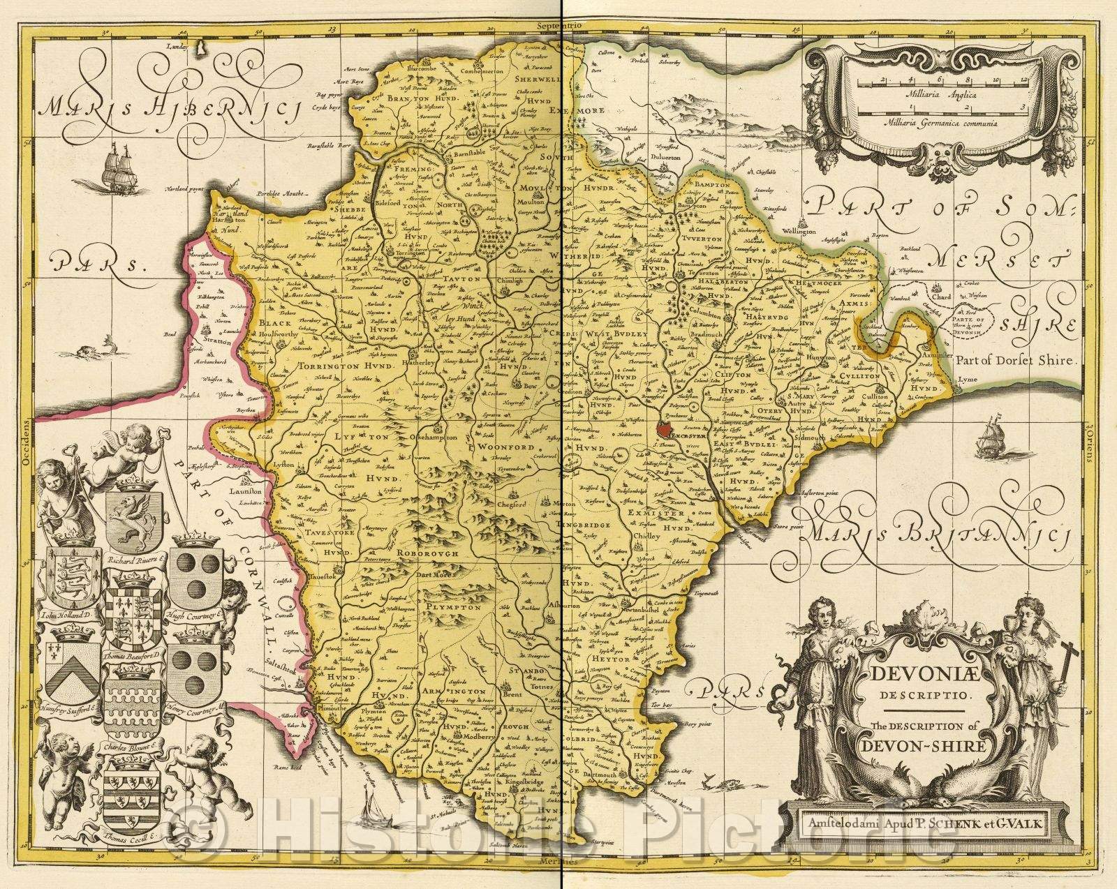 Historic Map : Devoniae Descriptio. The description of Devon-shire, c. 1708 , Vintage Wall Art