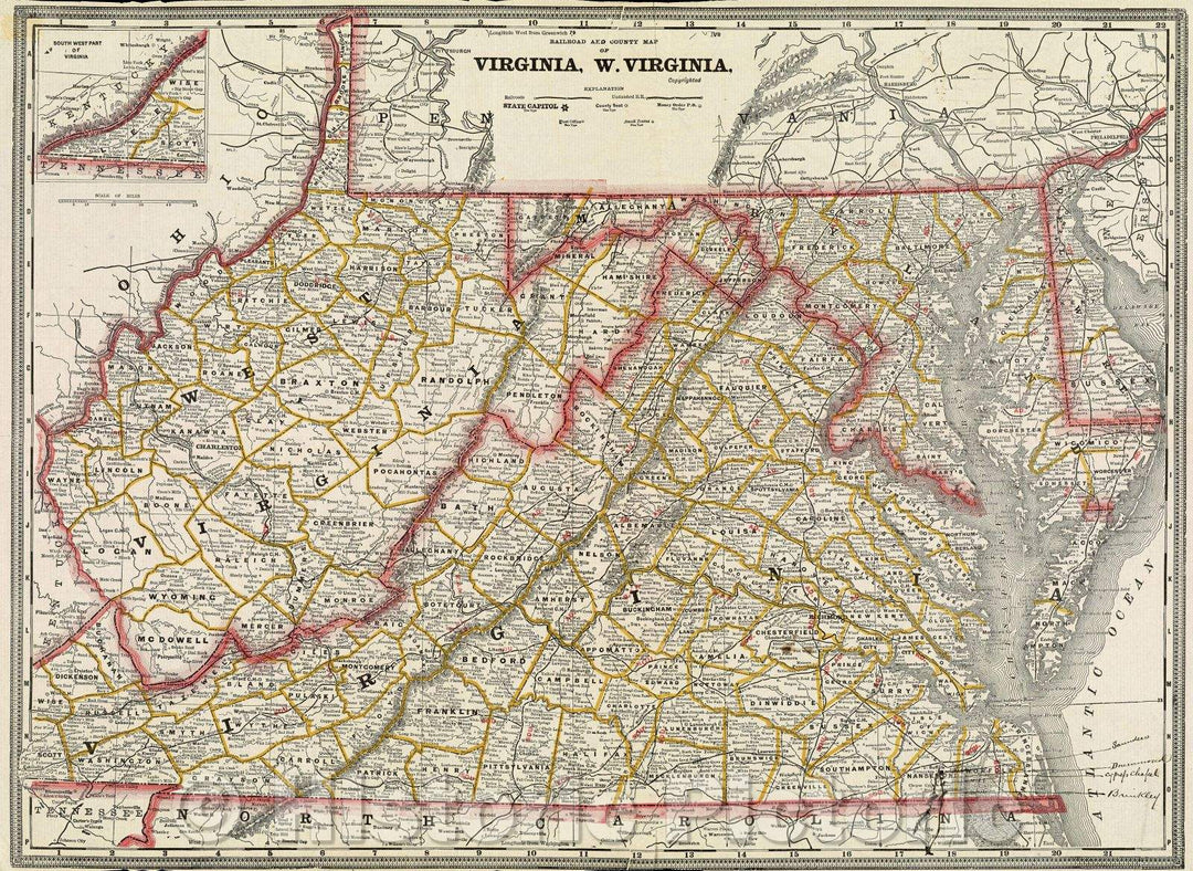 Historic Map : Railroad and County Map of Virginia, W. Virginia, Copyrighted, c. 1890 , Vintage Wall Art