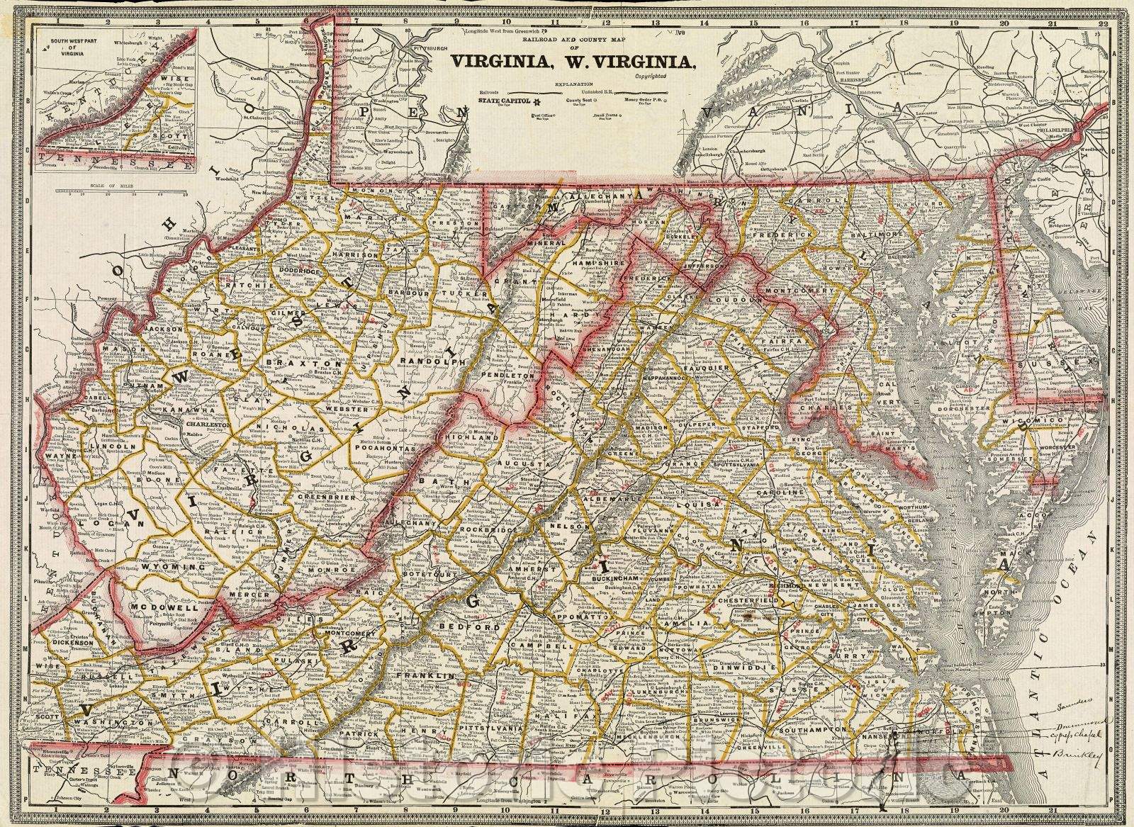 Historic Map : Railroad and County Map of Virginia, W. Virginia, Copyrighted, c. 1890 , Vintage Wall Art