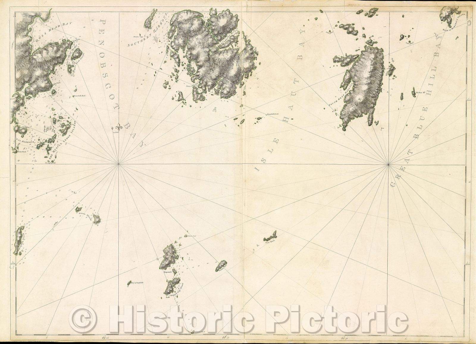 Historic Map : Coast of Maine- Detail of Penobscot Bay with Isle Haut and Southern Fox Island, Dated Aug. 17, 1776., 1776 , Vintage Wall Art