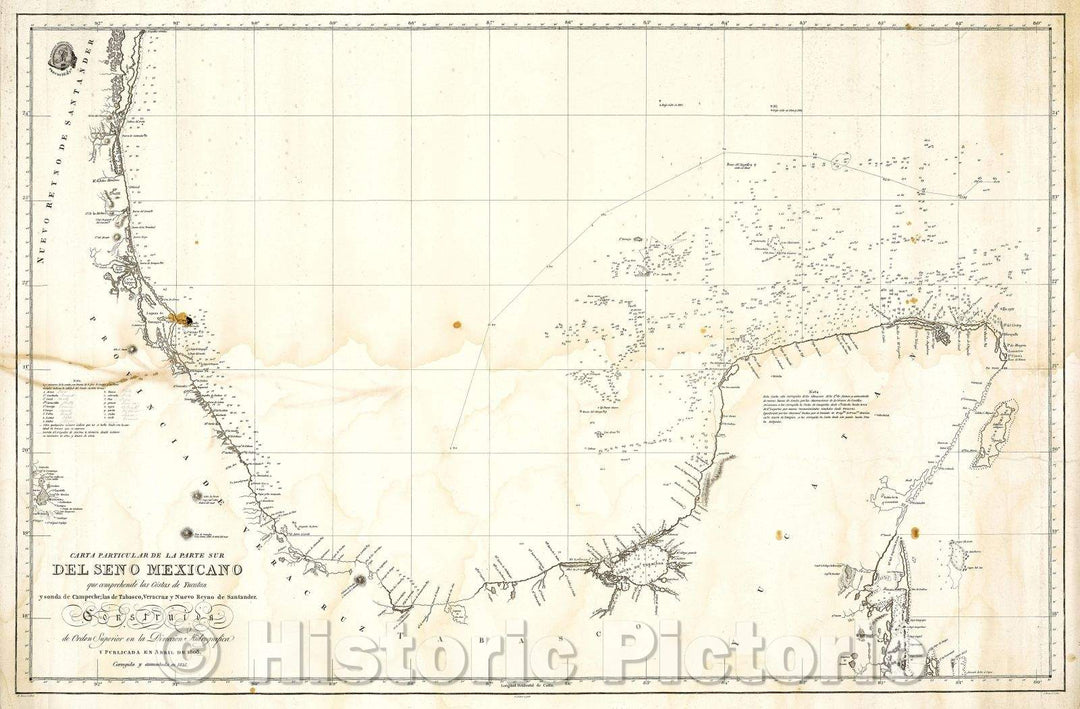 Historic Map : Carta particular de la parte sur del Seno Mexicano que comprehende las Costas de Yucatan y Sonda de Compeche, 1821 , Vintage Wall Art