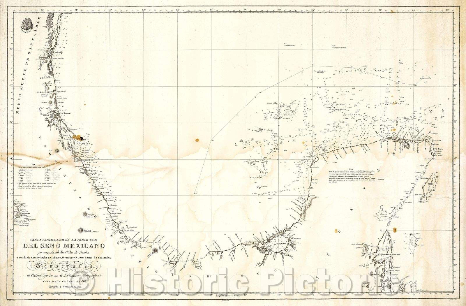 Historic Map : Carta particular de la parte sur del Seno Mexicano que comprehende las Costas de Yucatan y Sonda de Compeche, 1821 , Vintage Wall Art