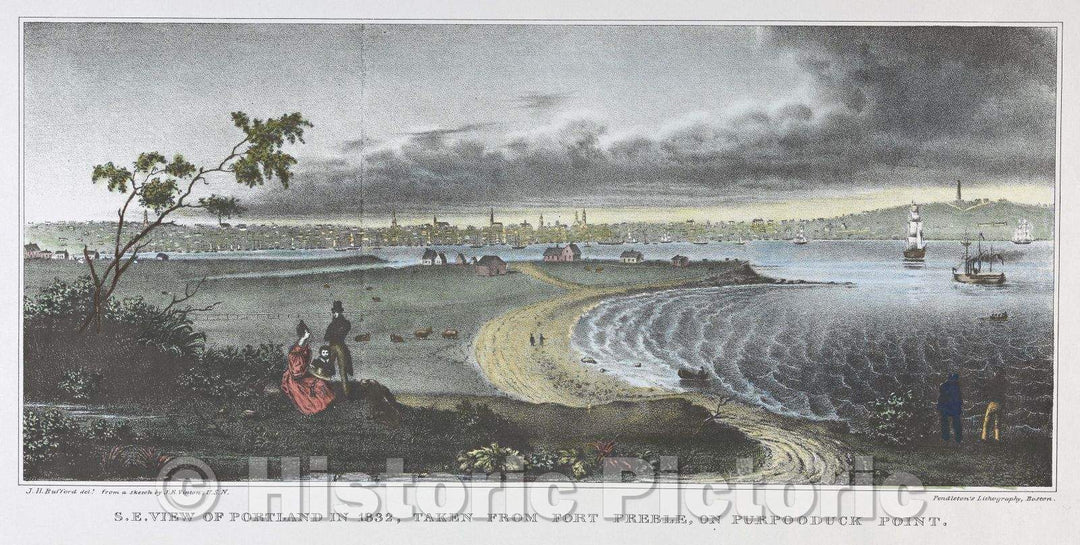 Historic Map : S.E. view of Portland in 1832, taken from Fort Preble, 1832 , Vintage Wall Art