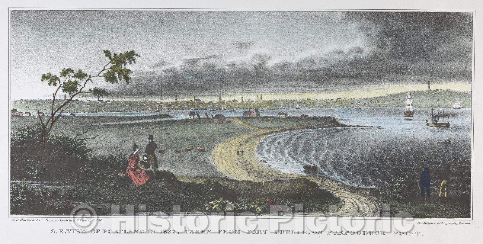 Historic Map : S.E. view of Portland in 1832, taken from Fort Preble, 1832 , Vintage Wall Art