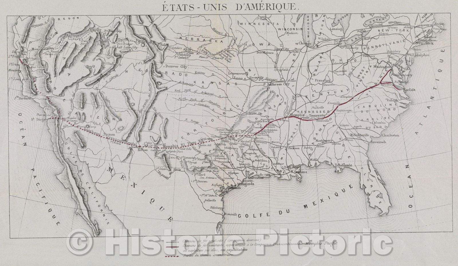 Historic Map : Etats - Unis D'Amerique, c. 1853 , Vintage Wall Art