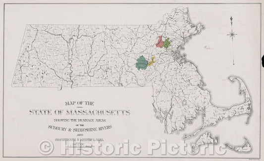 Historic Map : Map of the State of Massachusetts showing the drainage areas of the Sudbury and Shawshine Rivers and Cochituate and Mystic Lakes, 1886 , Vintage Wall Art