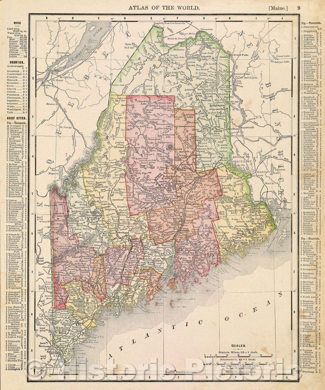 Historic Map : Maine in Atlas of the World, 1898 , Vintage Wall Art