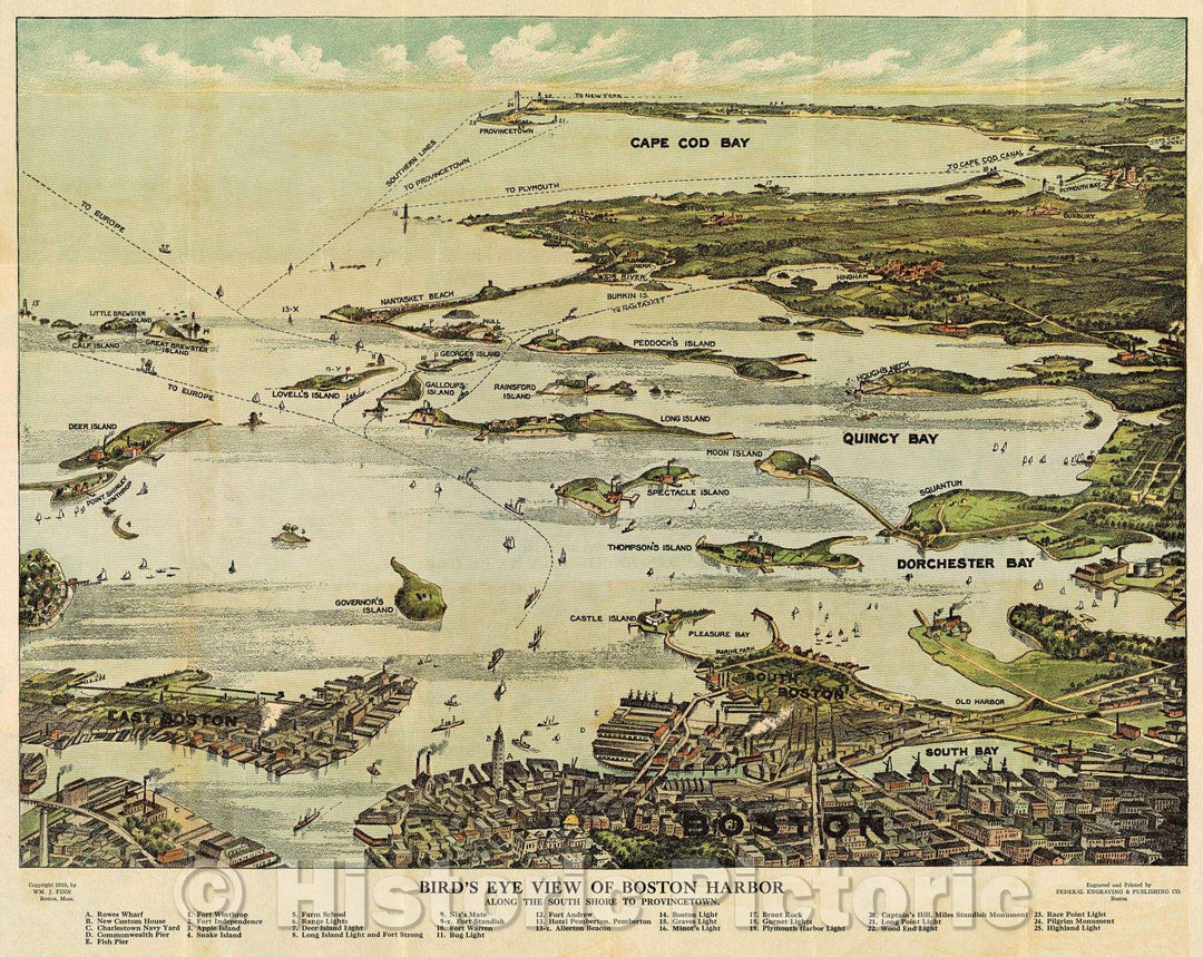 Historic Map : Bird's Eye View of Boston Harbor along the South shore to Provincetown Showing Steamboat Routes, 1905 , Vintage Wall Art