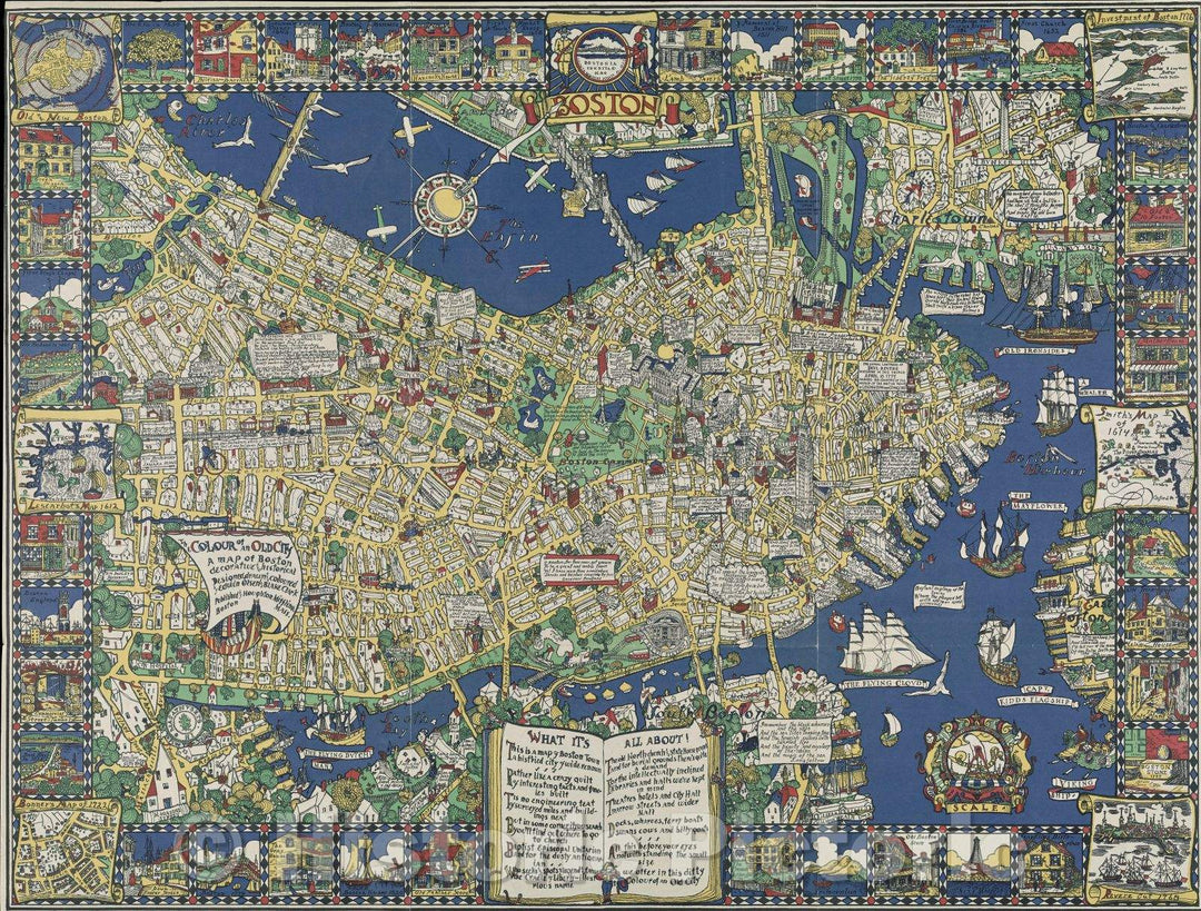 Historic Map : The Colour of an Old City: A Map of Boston., 1926 , Vintage Wall Art