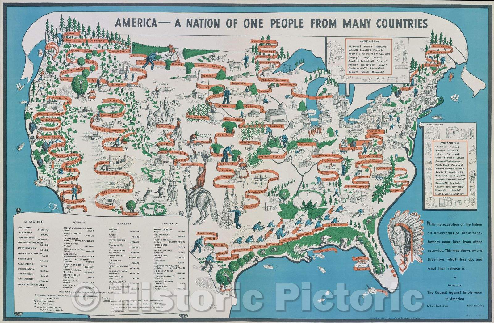 Historic Map : America--A Nation of One People from Many Countries, 1940 , Vintage Wall Art