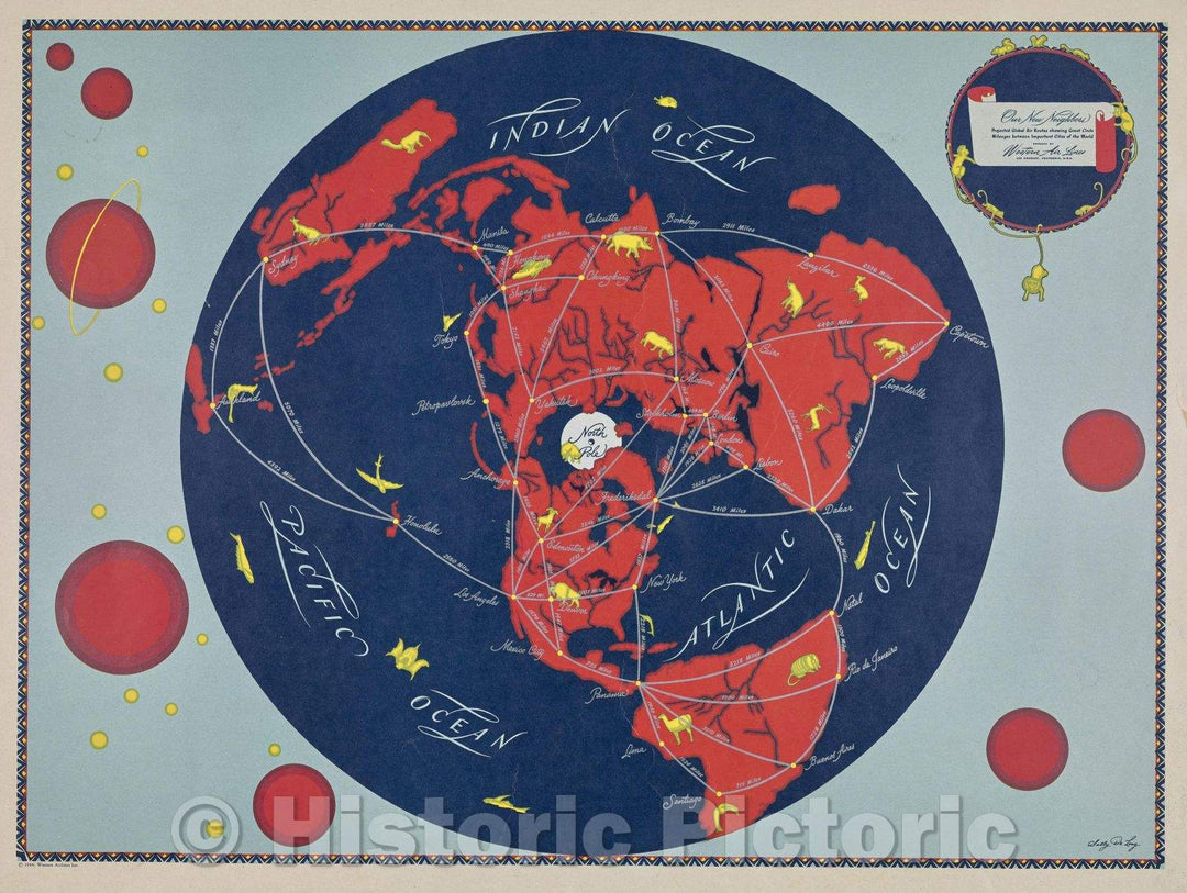Historic Map : Our New Neighbors: Projected Global Air Routes showing Great Circle Mileages between Important Cities of the World., 1944 , Vintage Wall Art