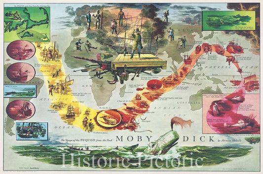 Historic Map : The Voyage of the Pequod from the Book Moby Dick by Herman Melville, 1956 , Vintage Wall Art