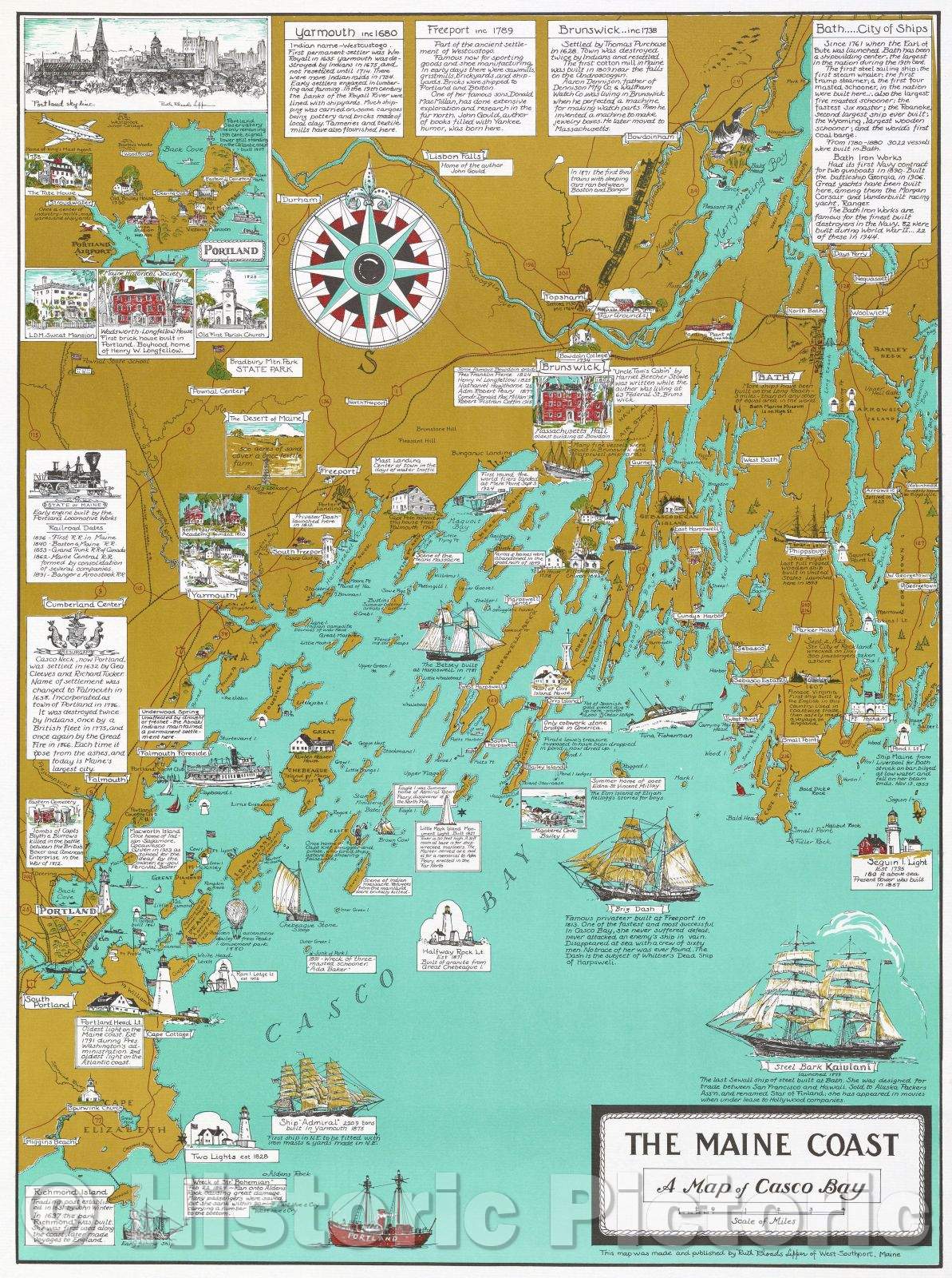 Historic Map : The Maine Coast, a Map of Casco Bay, 1960 , Vintage Wall Art