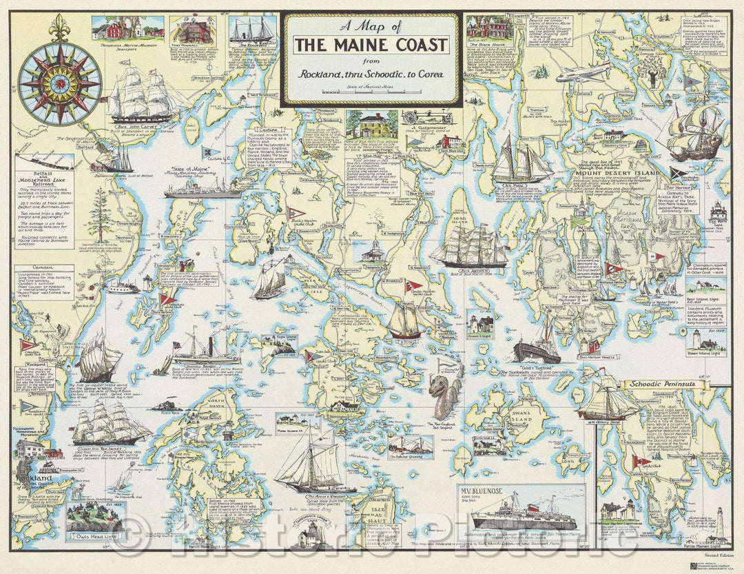 Historic Map : Map of the Maine Coast from Rockland, thru Schoodick, to Corea, 1970 , Vintage Wall Art