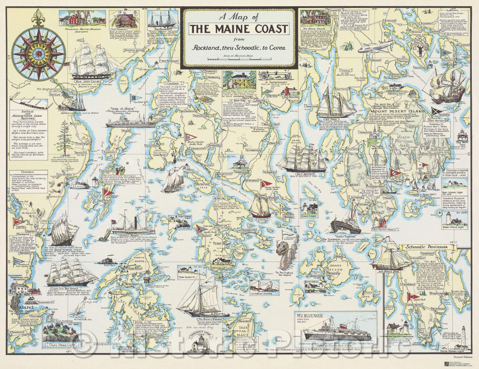 Historic Map : Map of the Maine Coast from Rockland, thru Schoodick, to Corea, 1970 , Vintage Wall Art