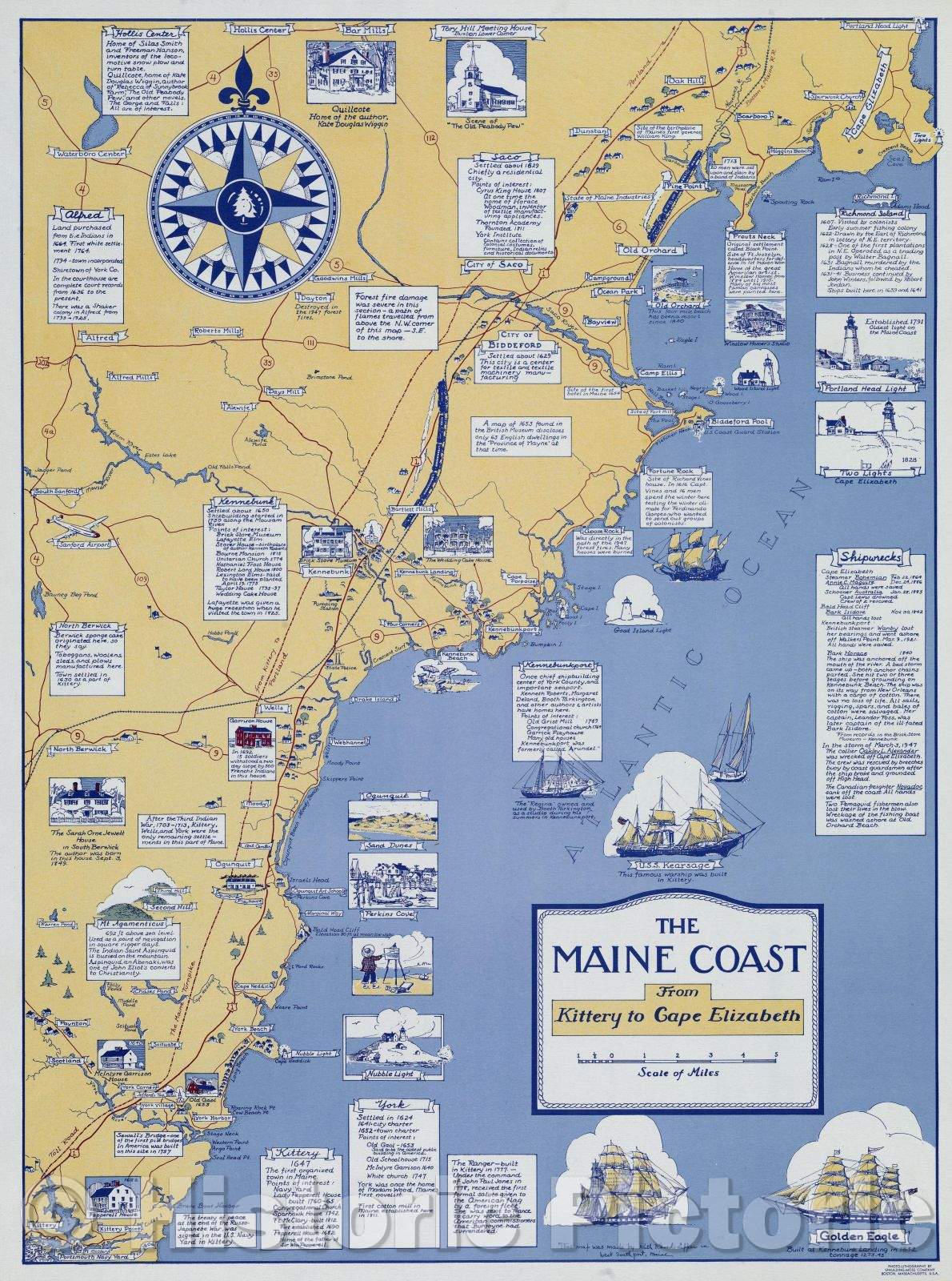 Historic Map : The Maine Coast from Kittery to Cape Elizabeth, 1977 , Vintage Wall Art