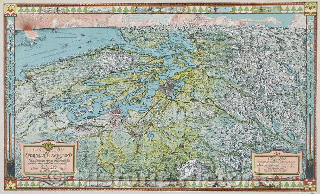 Historic Map : The Evergreen Playground (Vancouver to Olympia), Vintage Wall Art
