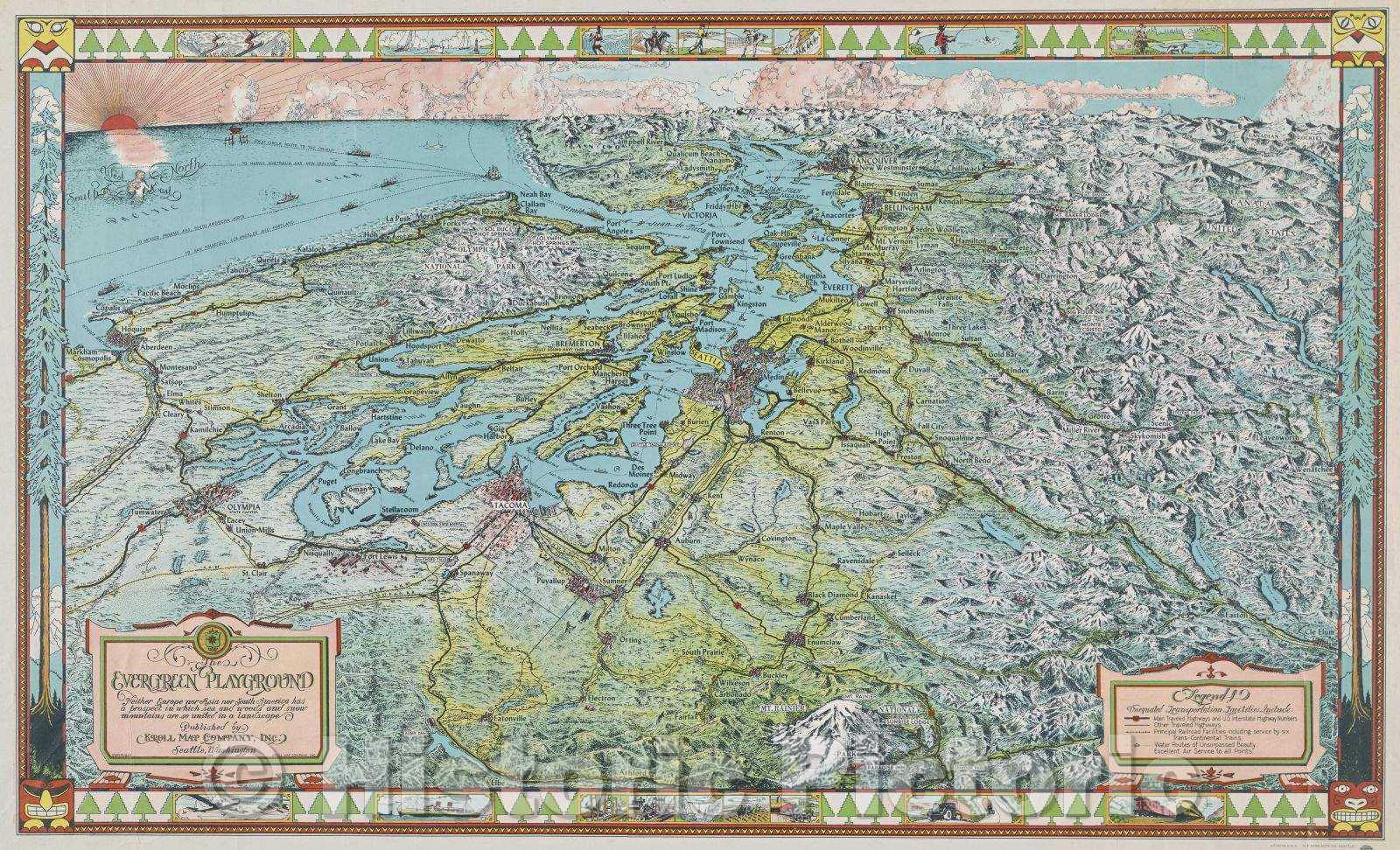 Historic Map : The Evergreen Playground (Vancouver to Olympia), Vintage Wall Art