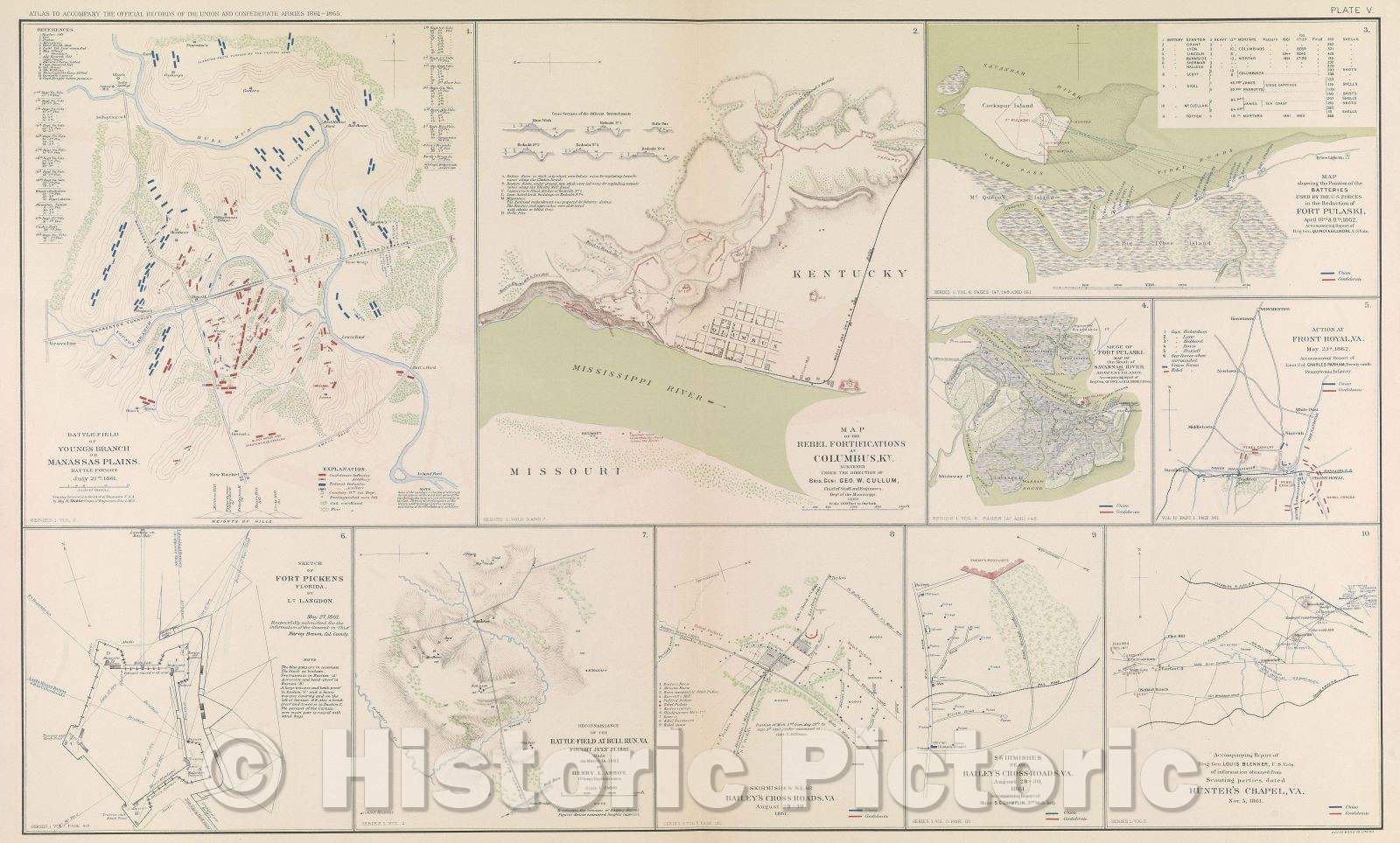 Historic Map : Battle-Field of Young's Branch or Manassas Plains.  Battle fought July 21st, 1861., 1871 , Vintage Wall Art