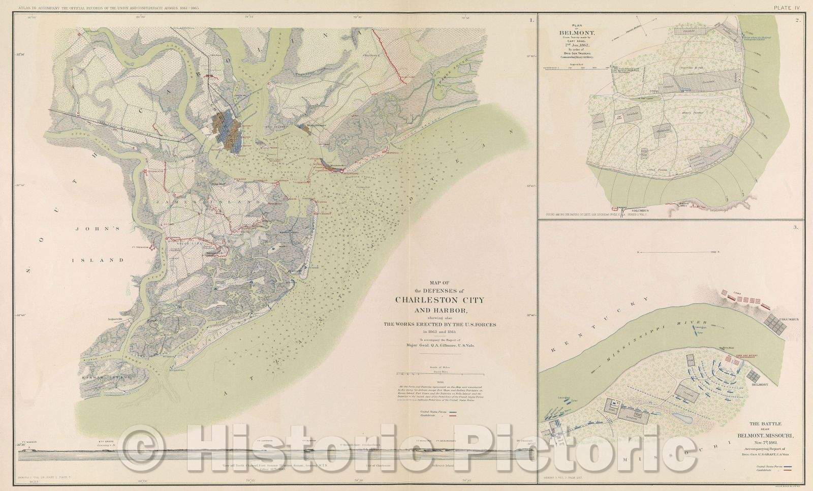 Historic Map : Map of the defenses of Charleston City and harbor, showing also the works erected by the U.S Forces in 1863 and 1864. , 1864 , Vintage Wall Art