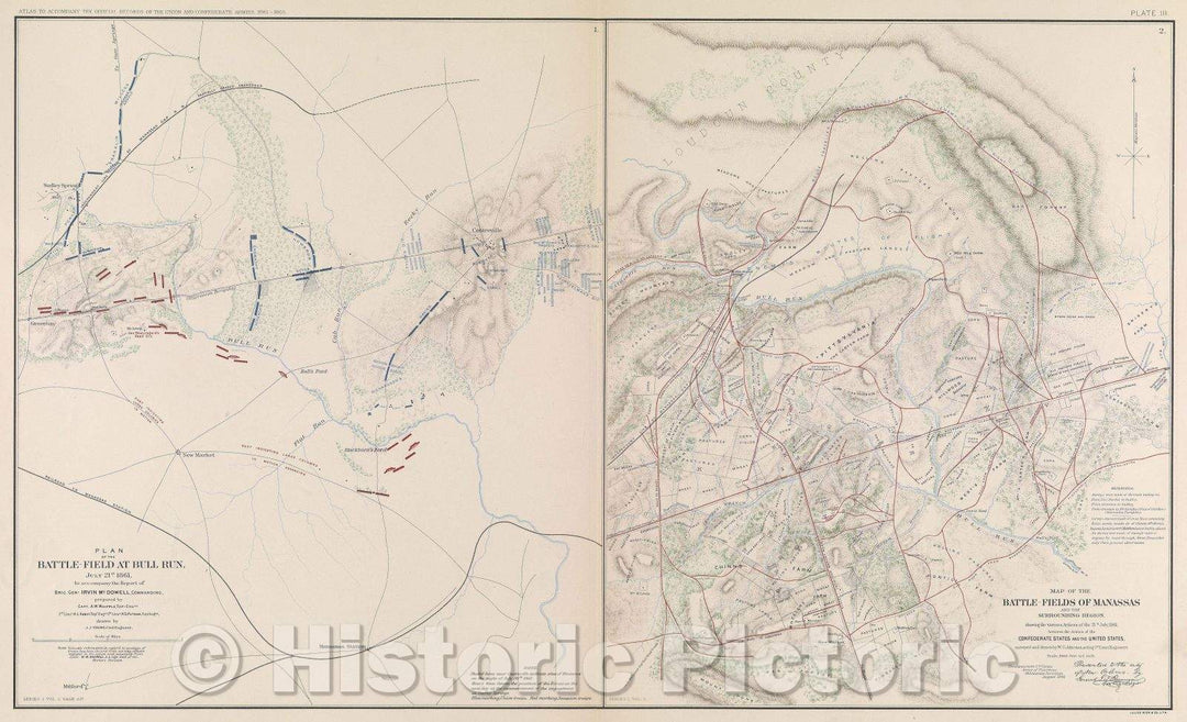 Historic Map : Plan of the Battle-Field at Bull Run, July 21st. 1861, to accompany the Report of Brig. Genl. Irvin McDowell, Commanding, 1861 , Vintage Wall Art