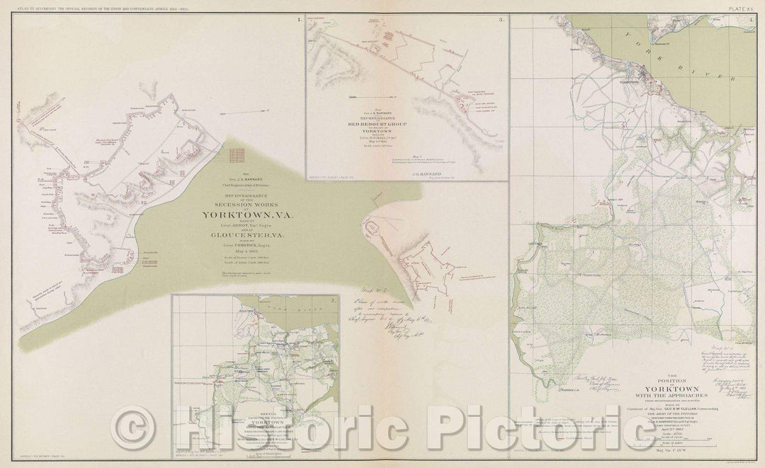 Historic Map : For Gen. J. G. Barnard Chief Engineer Army of Potomac  Reconnaissance of the secession works at Yorktown, VA. made by Lieut. Abbot, Topl. Engrs, 1862 , Vintage Wall Art