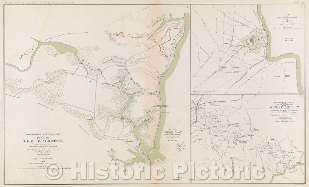 Historic Map : Reconnaissance of secession works and plan of siege of Yorktown made under orders of Gen'l. Barnard and Maj. Humphreys, 1862 , Vintage Wall Art