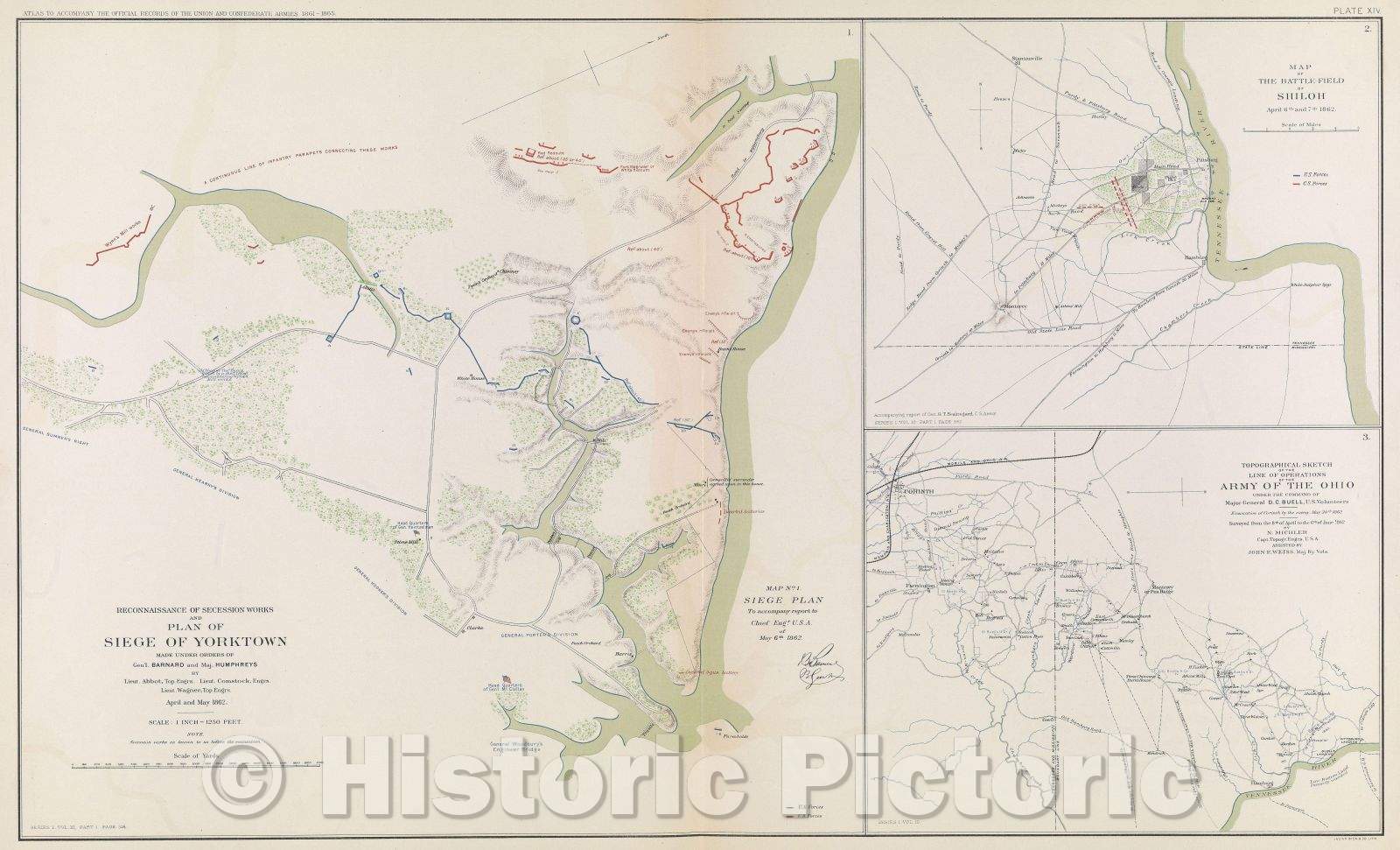 Historic Map : Reconnaissance of secession works and plan of siege of Yorktown made under orders of Gen'l. Barnard and Maj. Humphreys, 1862 , Vintage Wall Art