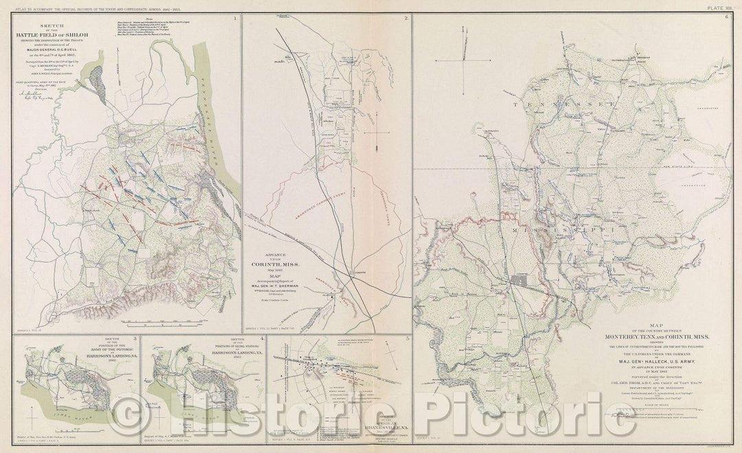 Historic Map : Sketch of the Battle-Field of Shiloh showing the disposition of the troops under the command of Major General D.C. Buell on the 6th and 7th of April 1, 1862 , Vintage Wall Art