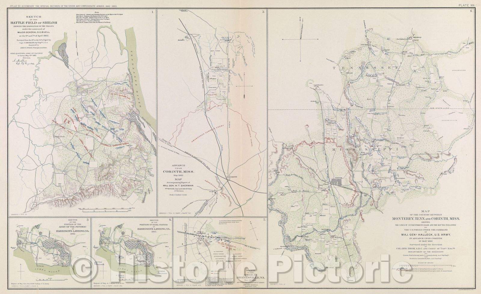 Historic Map : Sketch of the Battle-Field of Shiloh showing the disposition of the troops under the command of Major General D.C. Buell on the 6th and 7th of April 1, 1862 , Vintage Wall Art