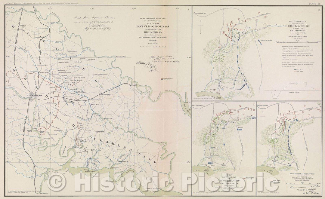 Historic Map : Map of the Battle-Grounds in the vicinity of Richmond, VA., 1863 , Vintage Wall Art