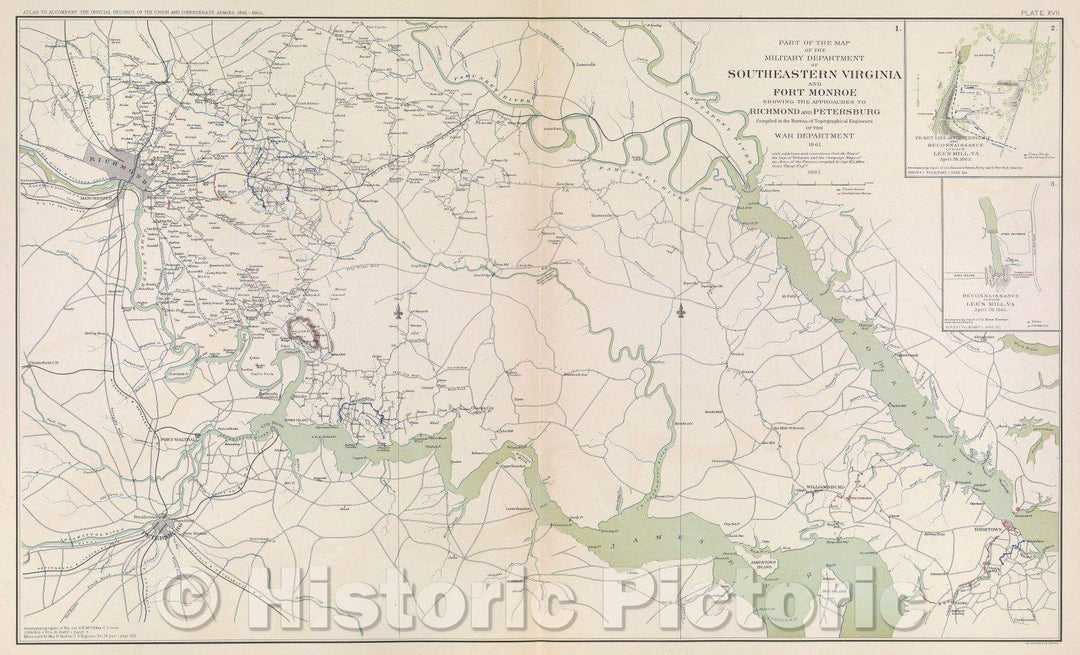 Historic Map : Part of the map of the military department of Southeastern Virginia and Fort Monroe showing the approaches to Richmond and Petersburg, 1862 , Vintage Wall Art