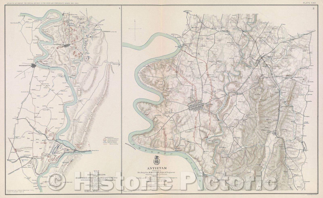 Historic Map : Map of the Battle-Fields of Harper's Ferry and Sharpsburg with position of troops, routes of army andc. Sept. 13 to 17, 1862, 1867 , Vintage Wall Art